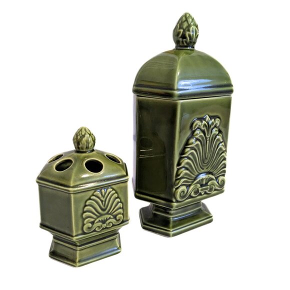 Vintage Green Japan Canister Counter Set of 2 Filigree Design Retro MCM - Picture 2 of 16
